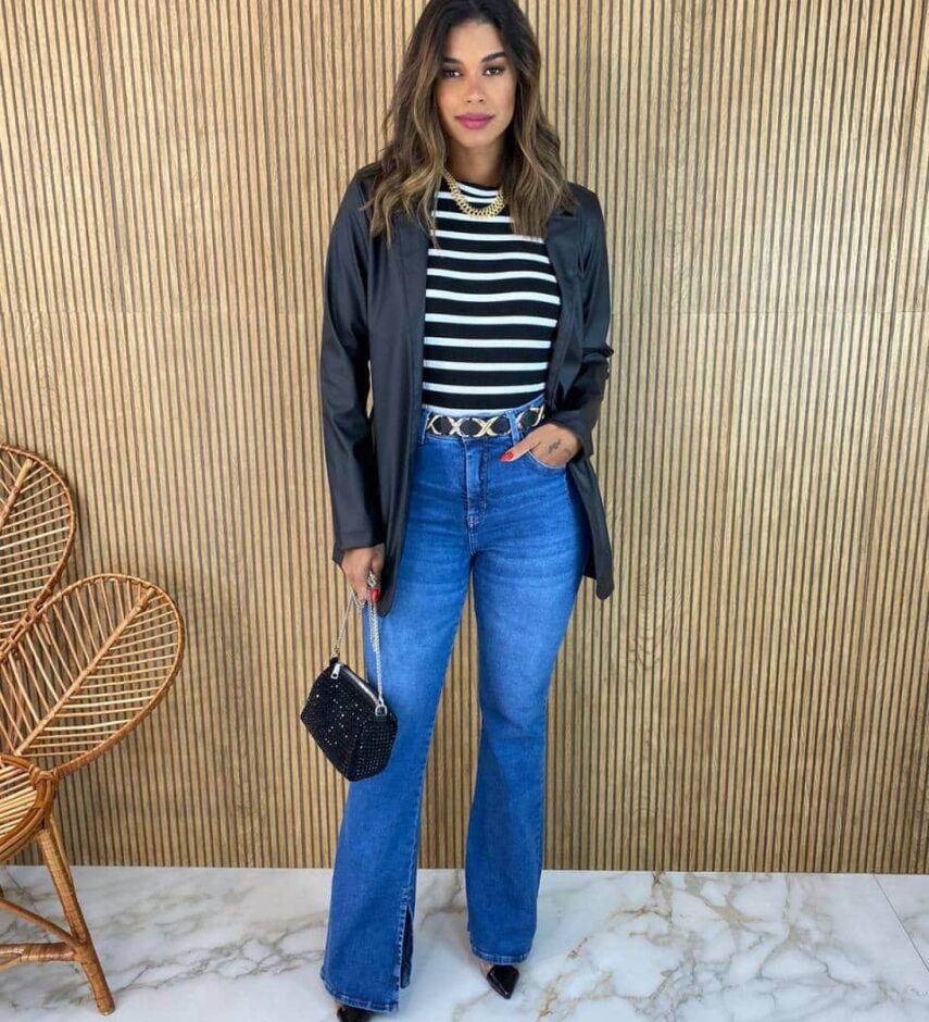 Blazer Manga Longa Feminino Julia Couro Eco Preto - Fernanda Ramos Store