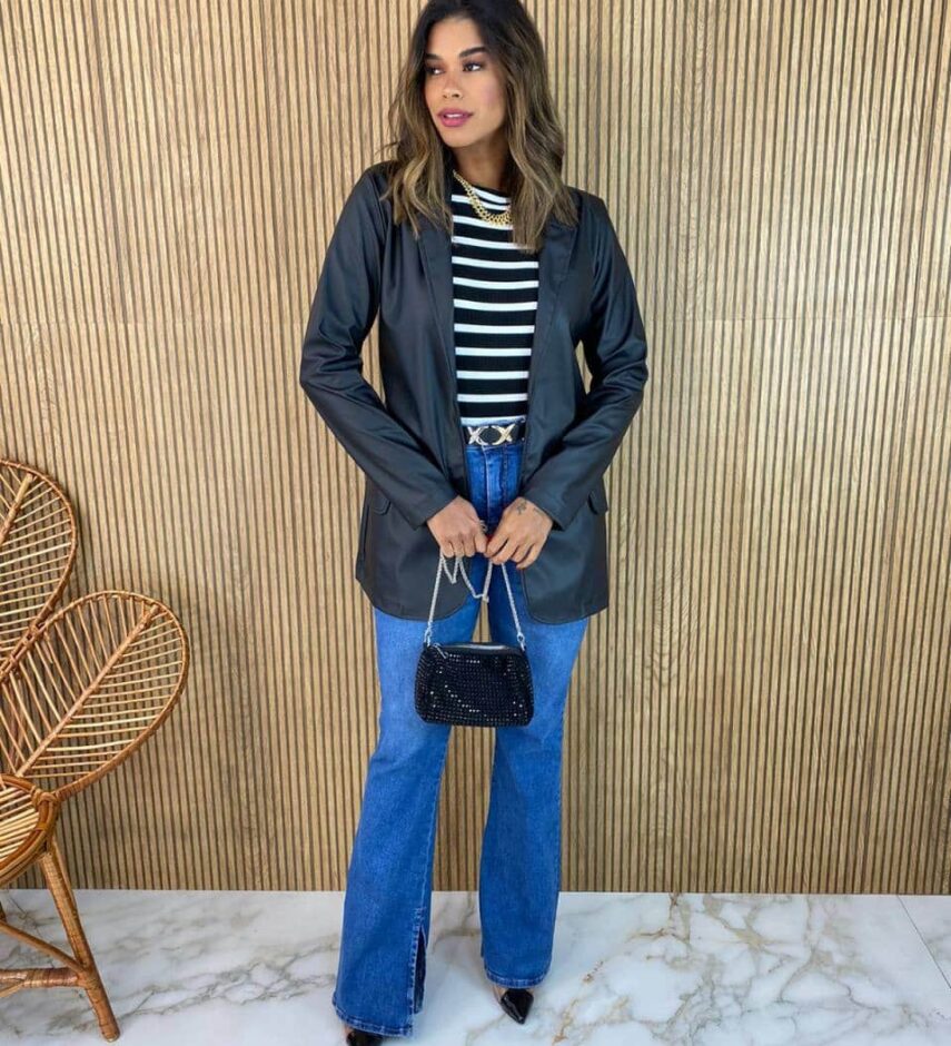 Blazer Manga Longa Feminino Julia Couro Eco Preto - Fernanda Ramos Store