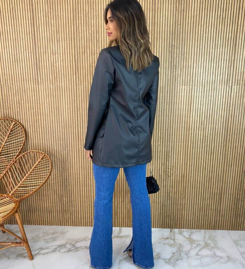 Blazer Manga Longa Feminino Julia Couro Eco Preto - Fernanda Ramos Store