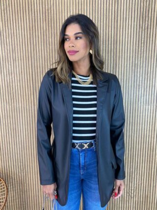 Blazer Manga Longa Feminino Julia Couro Eco Preto - Fernanda Ramos Store