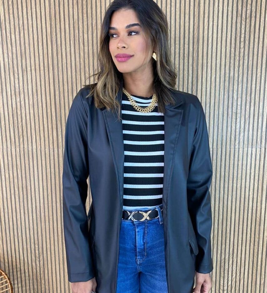 Blazer Manga Longa Feminino Julia Couro Eco Preto - Fernanda Ramos Store
