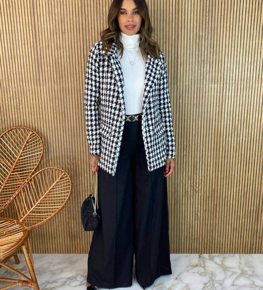 Blazer Manga Longa Feminino Tweed Ayla Branco e Preto - Fernanda Ramos Store