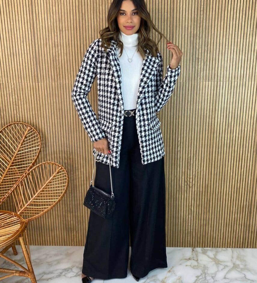 Blazer Manga Longa Feminino Tweed Ayla Branco e Preto - Fernanda Ramos Store