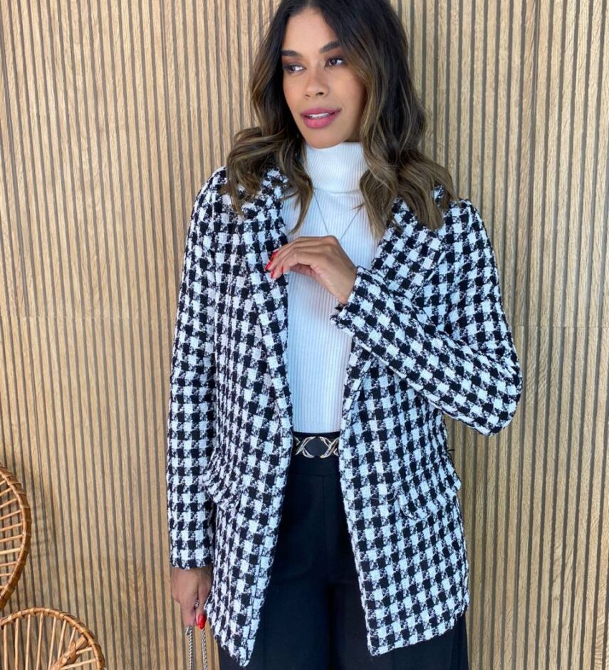 Blazer Manga Longa Feminino Tweed Ayla Branco e Preto - Fernanda Ramos Store