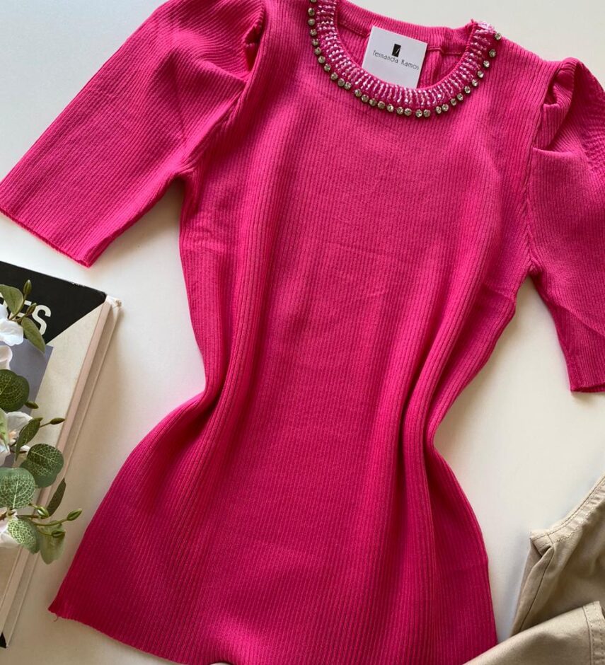 Blusa Feminina Manga Curta Modal com Aplicações Pink - Fernanda Ramos Store
