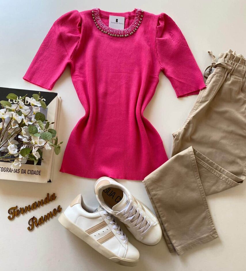 Blusa Feminina Manga Curta Modal com Aplicações Pink - Fernanda Ramos Store