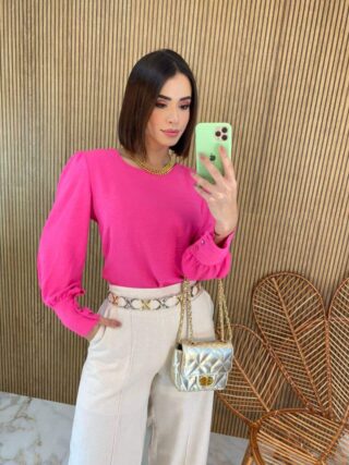 Blusa Feminina Manga Longa Botões nas Mangas Rosa - Fernanda Ramos Store