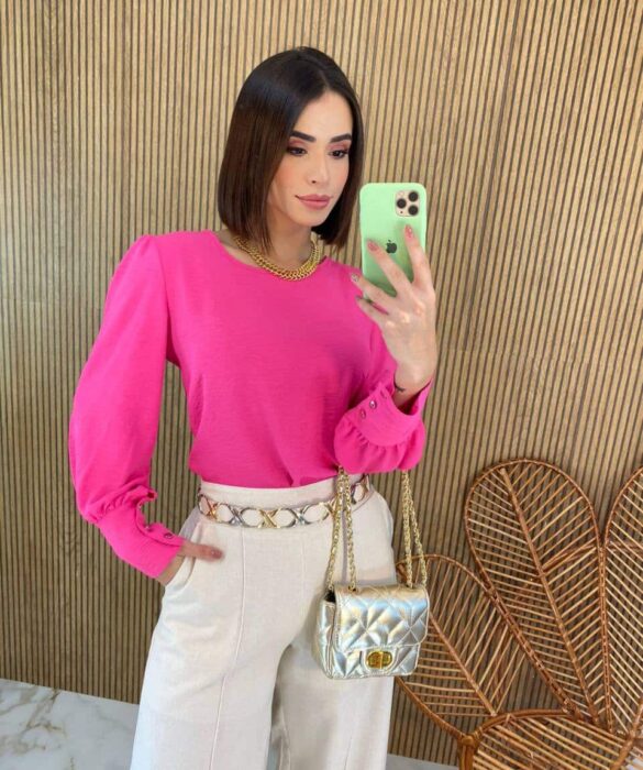 Blusa Feminina Manga Longa Botões nas Mangas Rosa - Fernanda Ramos Store