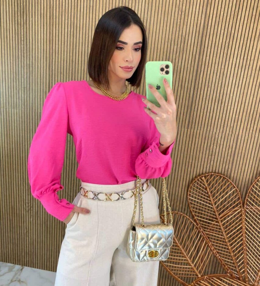 Blusa Feminina Manga Longa Botões nas Mangas Rosa - Fernanda Ramos Store