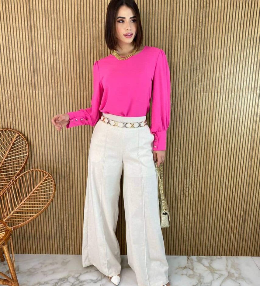 Blusa Feminina Manga Longa Botões nas Mangas Rosa - Fernanda Ramos Store