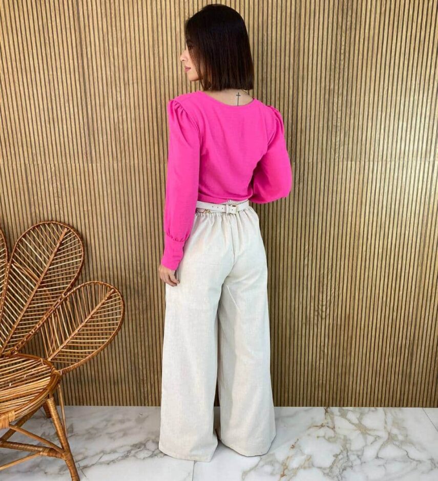 Blusa Feminina Manga Longa Botões nas Mangas Rosa - Fernanda Ramos Store