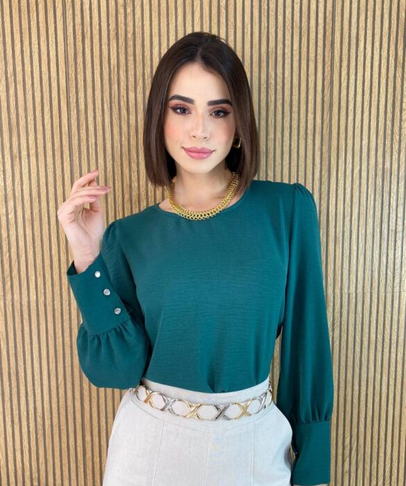 Blusa Feminina Manga Longa Botões nas Mangas Verde - Fernanda Ramos Store