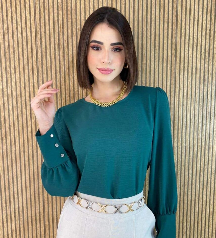 Blusa Feminina Manga Longa Botões nas Mangas Verde - Fernanda Ramos Store