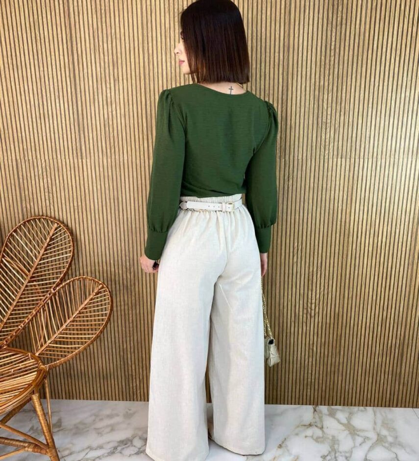 Blusa Feminina Manga Longa Botões nas Mangas Verde Militar - Fernanda Ramos Store