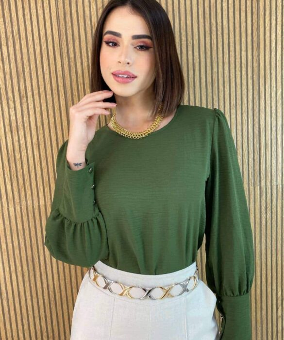 Blusa Feminina Manga Longa Botões nas Mangas Verde Militar - Fernanda Ramos Store