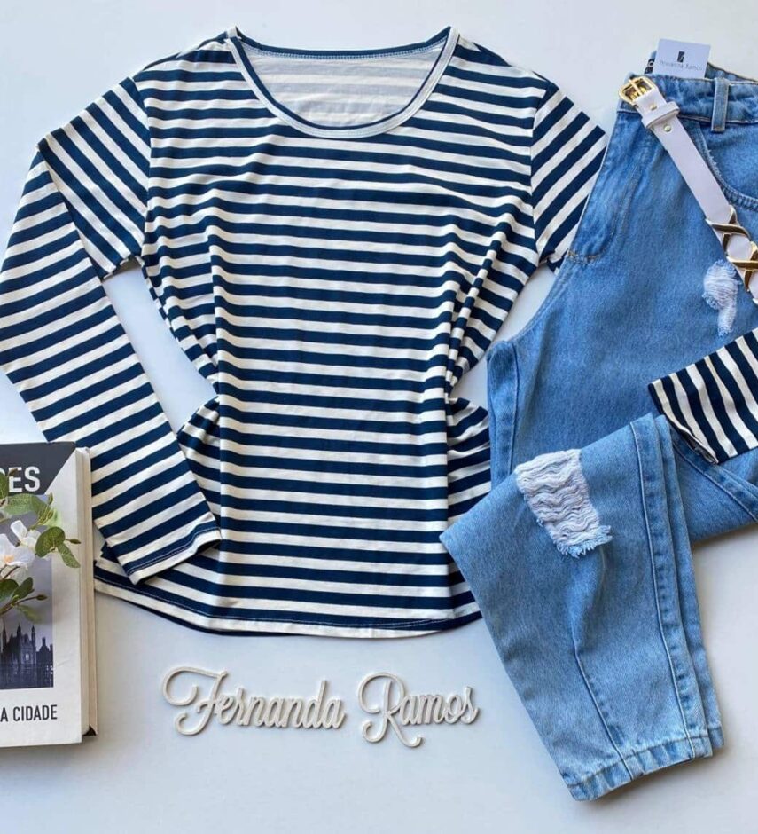 Blusa Feminina Manga Longa Listrada Azul - Fernanda Ramos Store