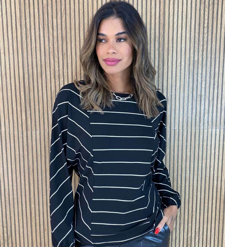 Blusa Feminina Manga Longa Luiza Listrada Preta - Fernanda Ramos Store