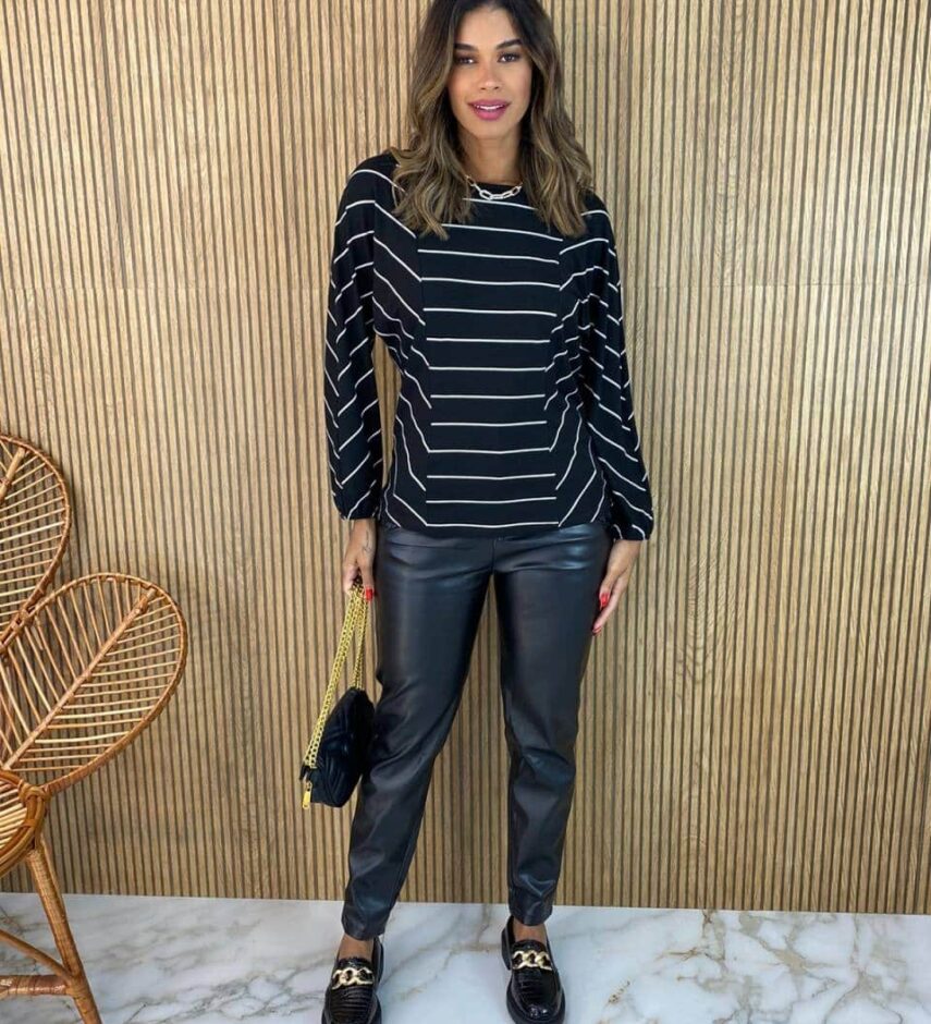 Blusa Feminina Manga Longa Luiza Listrada Preta - Fernanda Ramos Store