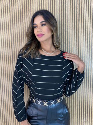 Blusa Feminina Manga Longa Luiza Listrada Preta - Fernanda Ramos Store