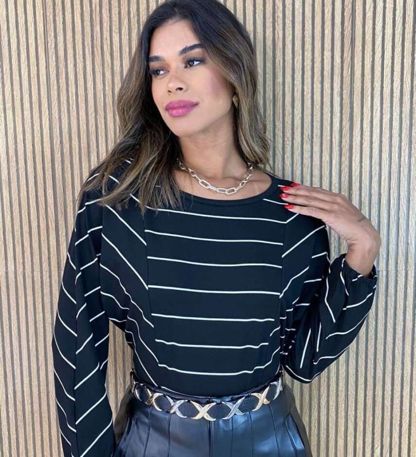 Blusa Feminina Manga Longa Luiza Listrada Preta - Fernanda Ramos Store