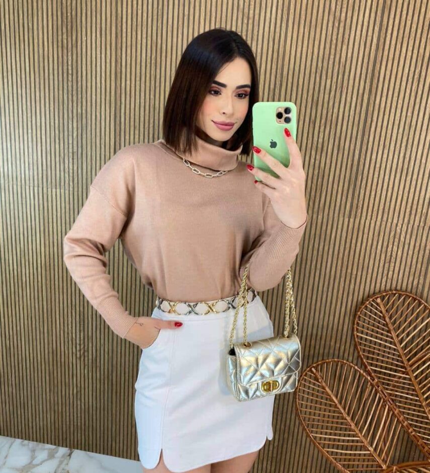 Blusa Feminina Manga Longa Modal Gola Alta 014 Bege - Fernanda Ramos Store