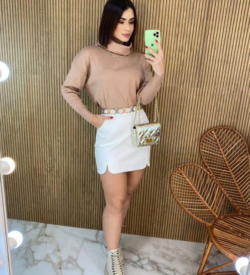 Blusa Feminina Manga Longa Modal Gola Alta 014 Bege - Fernanda Ramos Store