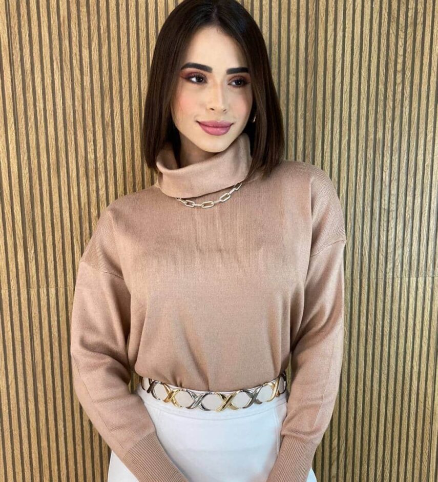 Blusa Feminina Manga Longa Modal Gola Alta 014 Bege - Fernanda Ramos Store