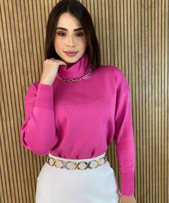 Blusa Feminina Manga Longa Modal Gola Alta 014 Rosa - Fernanda Ramos Store