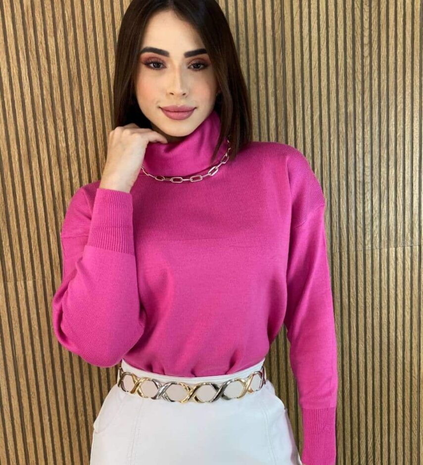 Blusa Feminina Manga Longa Modal Gola Alta 014 Rosa - Fernanda Ramos Store
