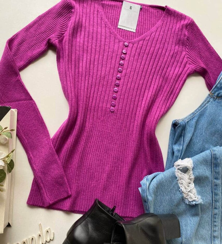 Blusa Feminina Modal Manga Longa Botões Falsos Fúcsia - Fernanda Ramos Store
