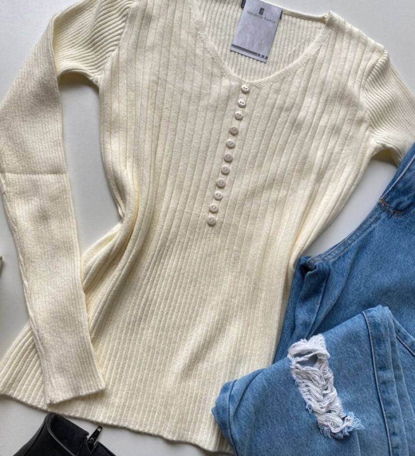 Blusa Feminina Modal Manga Longa Botões Falsos Off White - Fernanda Ramos Store