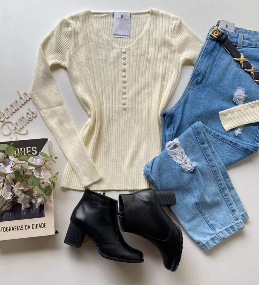 Blusa Feminina Modal Manga Longa Botões Falsos Off White - Fernanda Ramos Store
