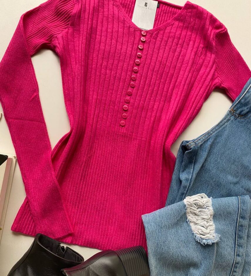 Blusa Feminina Modal Manga Longa Botões Falsos Pink - Fernanda Ramos Store
