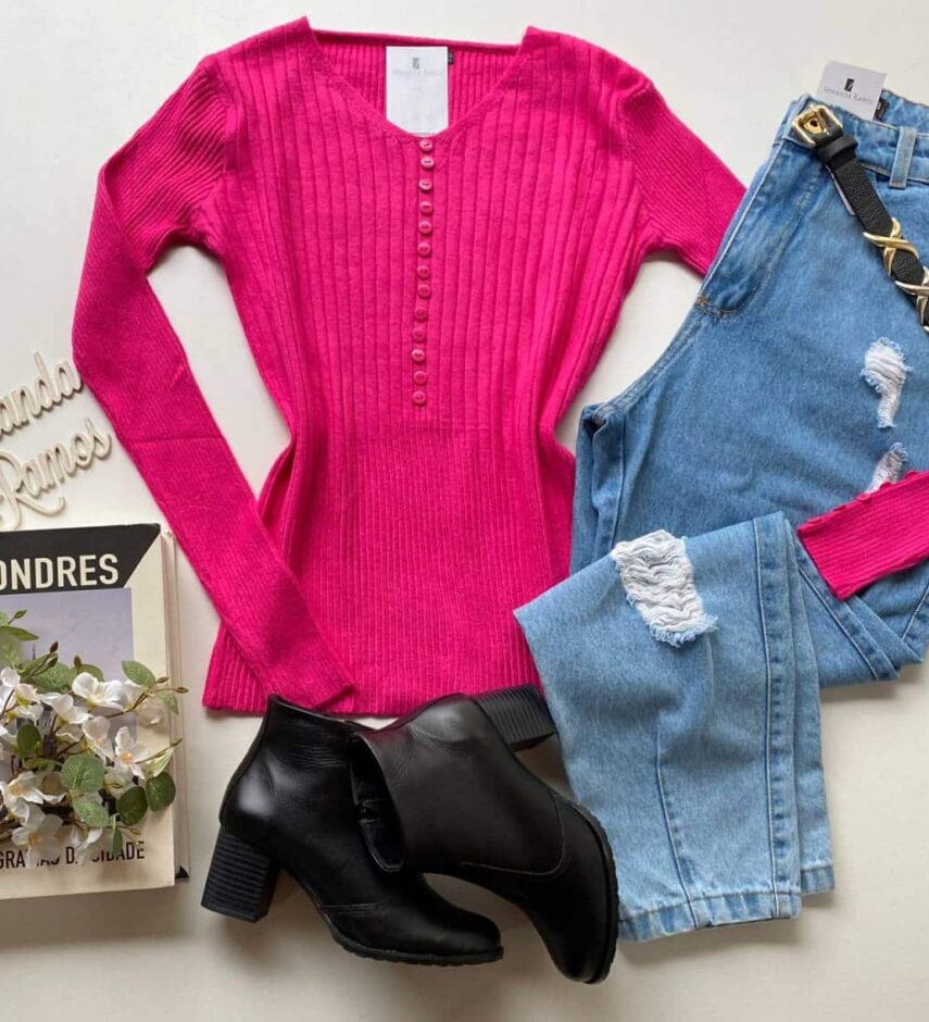 Blusa Feminina Modal Manga Longa Botões Falsos Pink - Fernanda Ramos Store