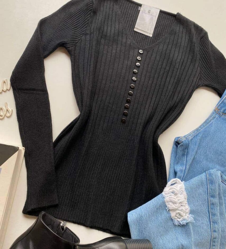 Blusa Feminina Modal Manga Longa Botões Falsos Preta - Fernanda Ramos Store