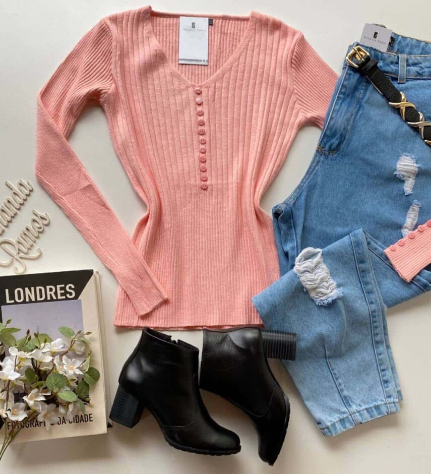 Blusa Feminina Modal Manga Longa Botões Falsos Rosa - Fernanda Ramos Store
