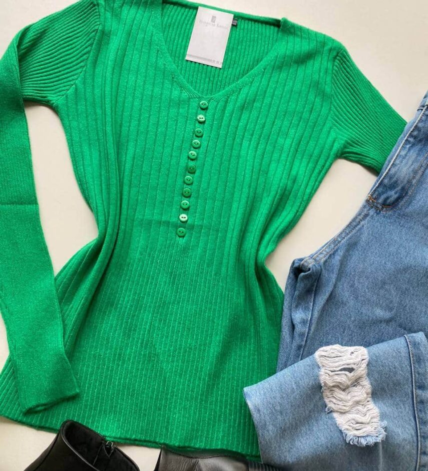 Blusa Feminina Modal Manga Longa Botões Falsos Verde - Fernanda Ramos Store
