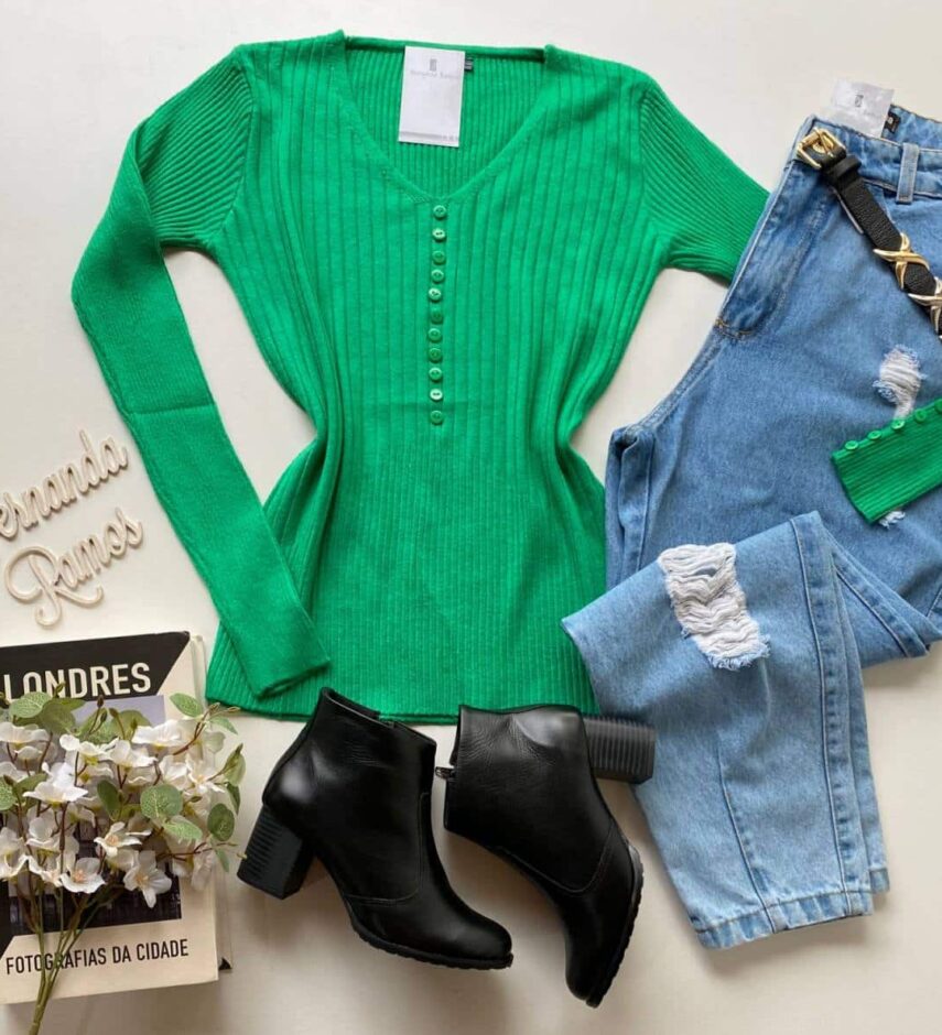 Blusa Feminina Modal Manga Longa Botões Falsos Verde - Fernanda Ramos Store