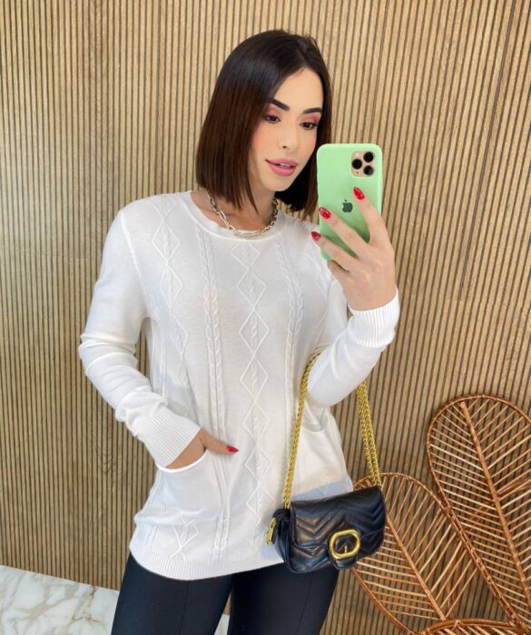 Blusa Feminina Modal Manga Longa Mila com Bolsos Branca - Fernanda Ramos Store