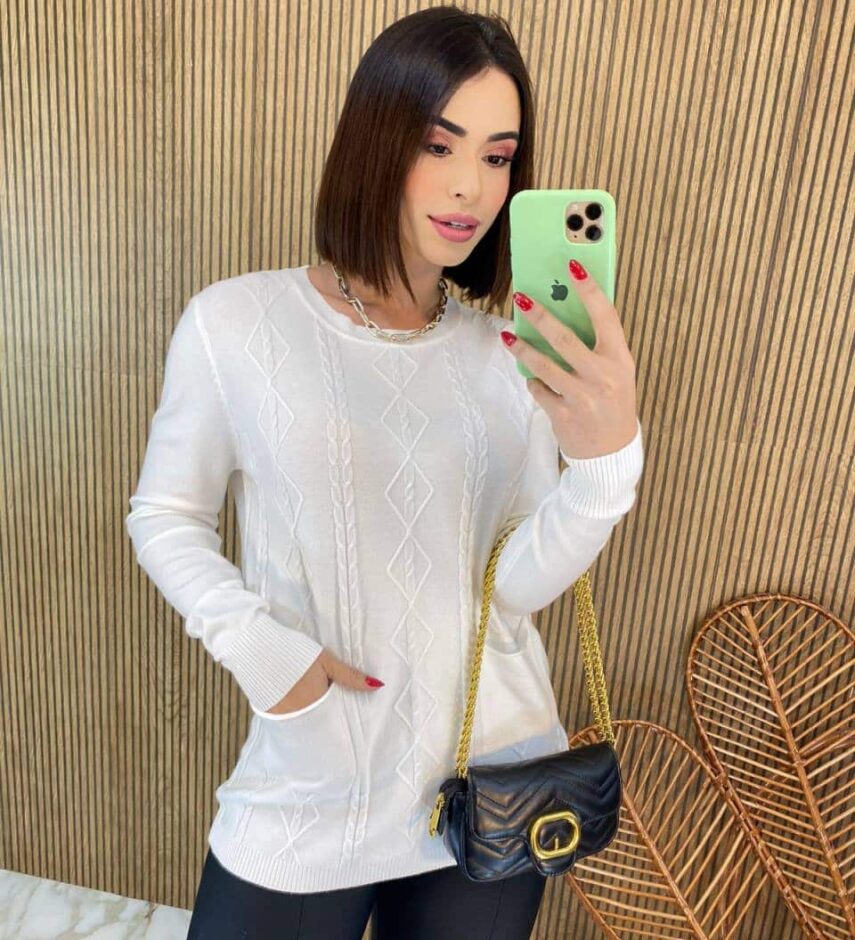 Blusa Feminina Modal Manga Longa Mila com Bolsos Branca - Fernanda Ramos Store