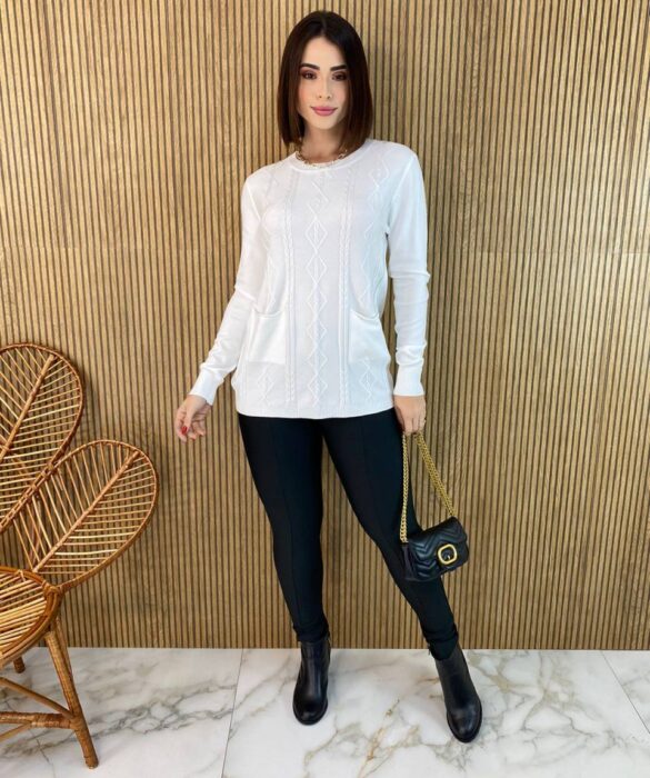 Blusa Feminina Modal Manga Longa Mila com Bolsos Branca - Fernanda Ramos Store