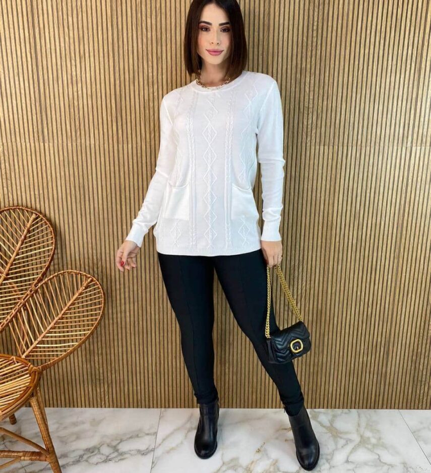 Blusa Feminina Modal Manga Longa Mila com Bolsos Branca - Fernanda Ramos Store