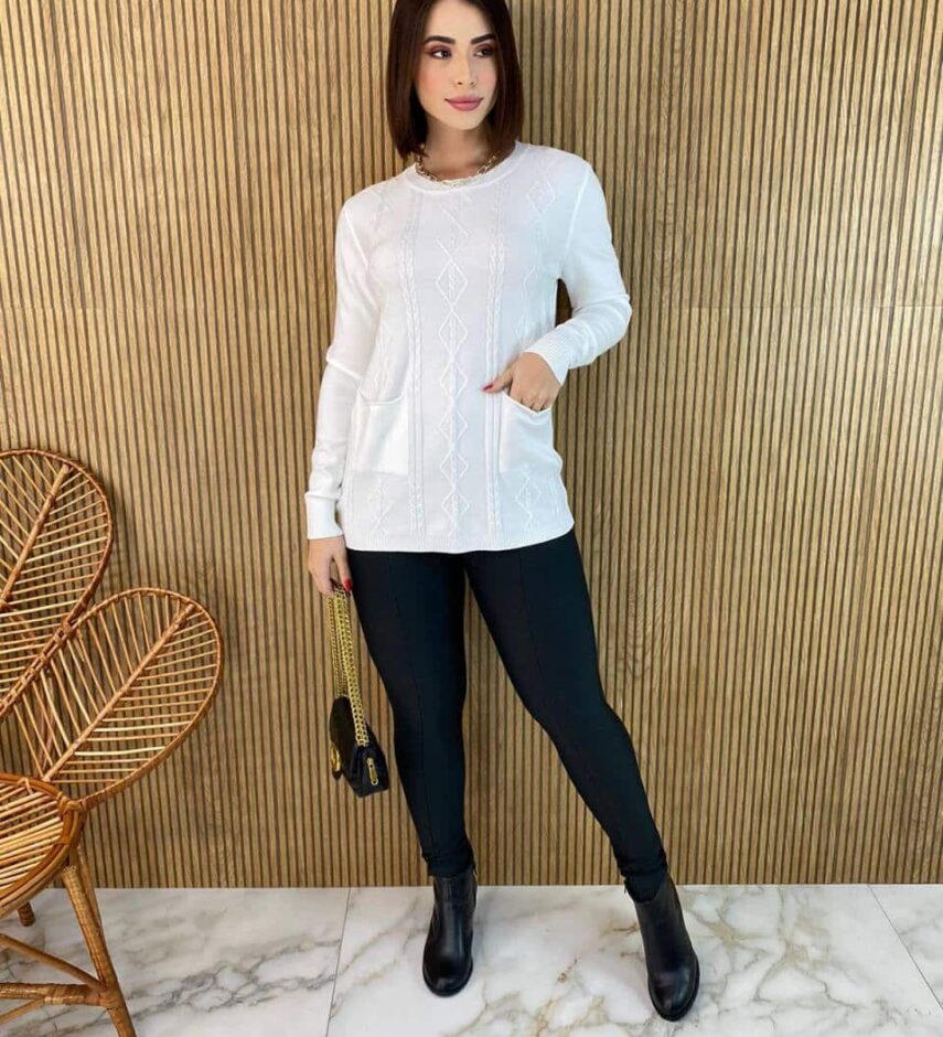 Blusa Feminina Modal Manga Longa Mila com Bolsos Branca - Fernanda Ramos Store