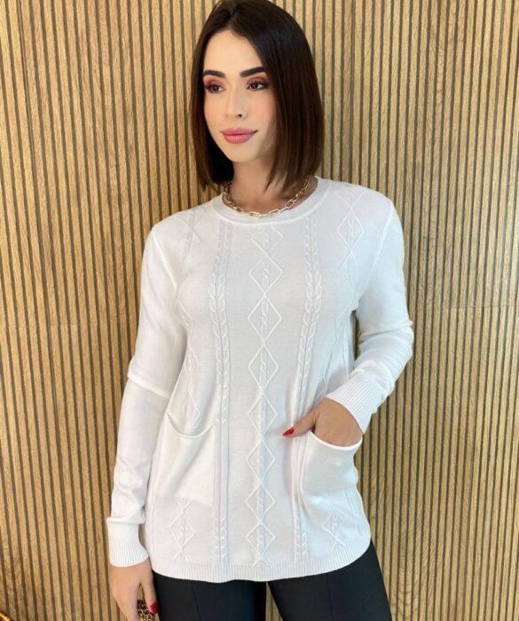 Blusa Feminina Modal Manga Longa Mila com Bolsos Branca - Fernanda Ramos Store