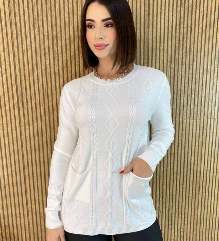 Blusa Feminina Modal Manga Longa Mila com Bolsos Branca - Fernanda Ramos Store