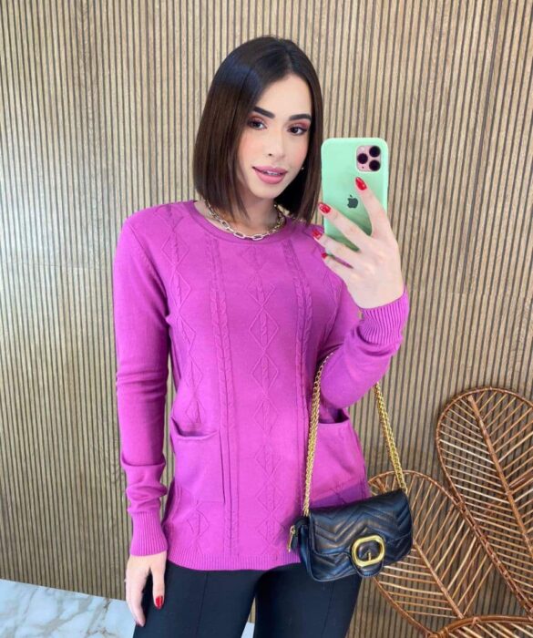 Blusa Feminina Modal Manga Longa Mila com Bolsos Fúcsia - Fernanda Ramos Store