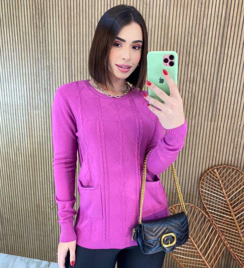 Blusa Feminina Modal Manga Longa Mila com Bolsos Fúcsia - Fernanda Ramos Store