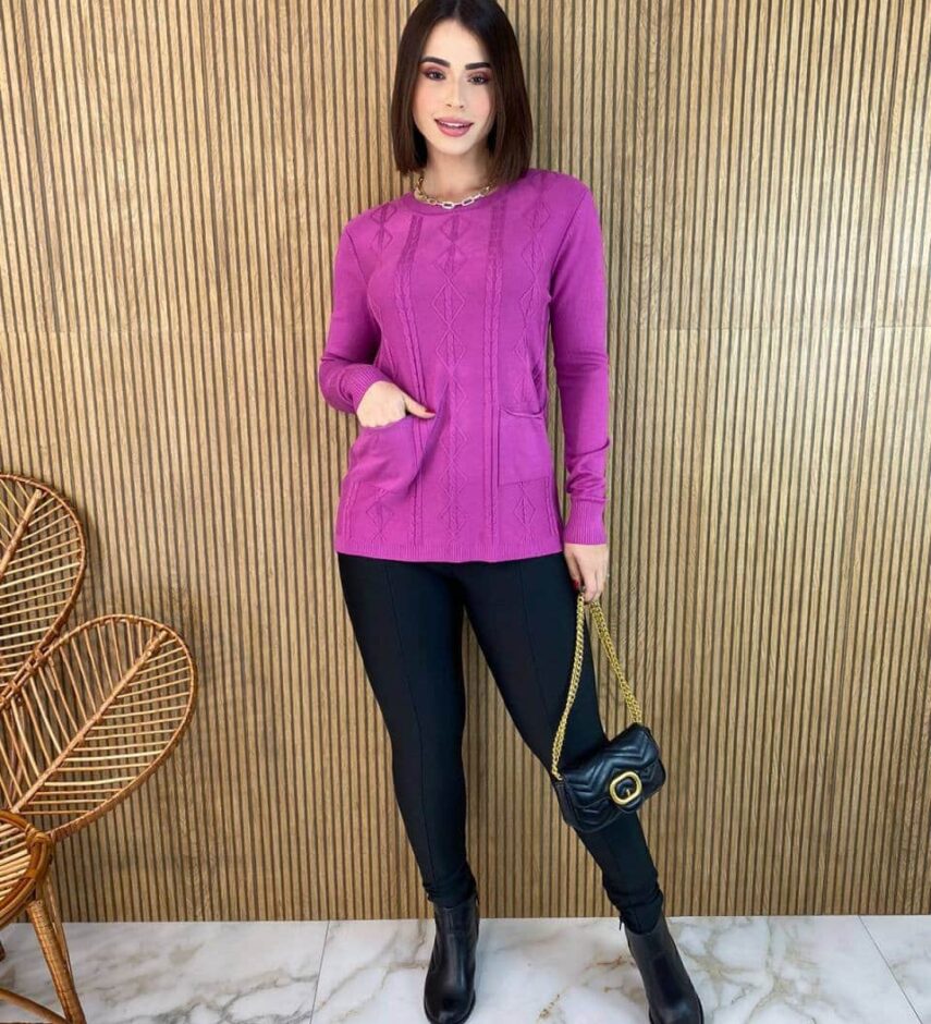 Blusa Feminina Modal Manga Longa Mila com Bolsos Fúcsia - Fernanda Ramos Store