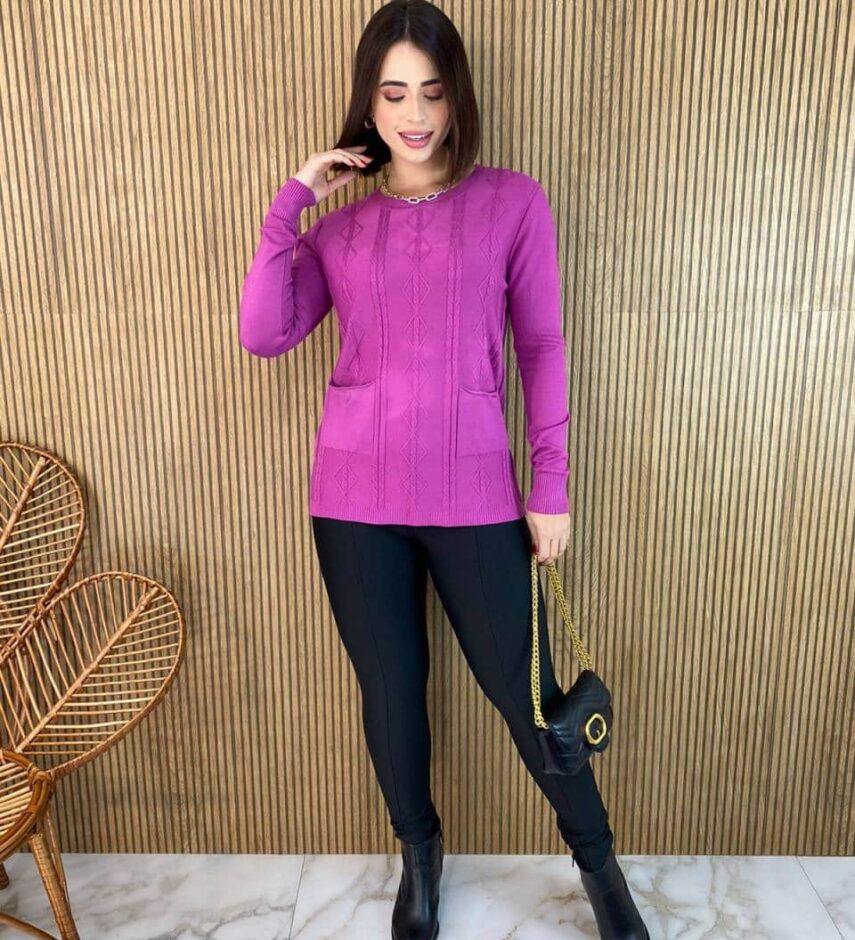 Blusa Feminina Modal Manga Longa Mila com Bolsos Fúcsia - Fernanda Ramos Store