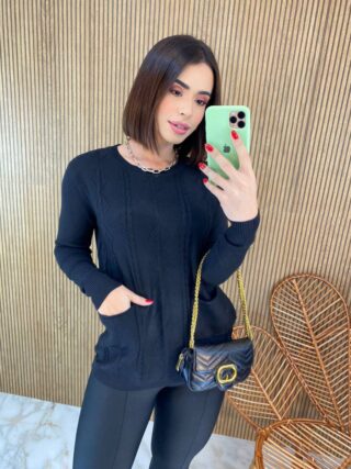 Blusa Feminina Modal Manga Longa Mila com Bolsos Preta - Fernanda Ramos Store